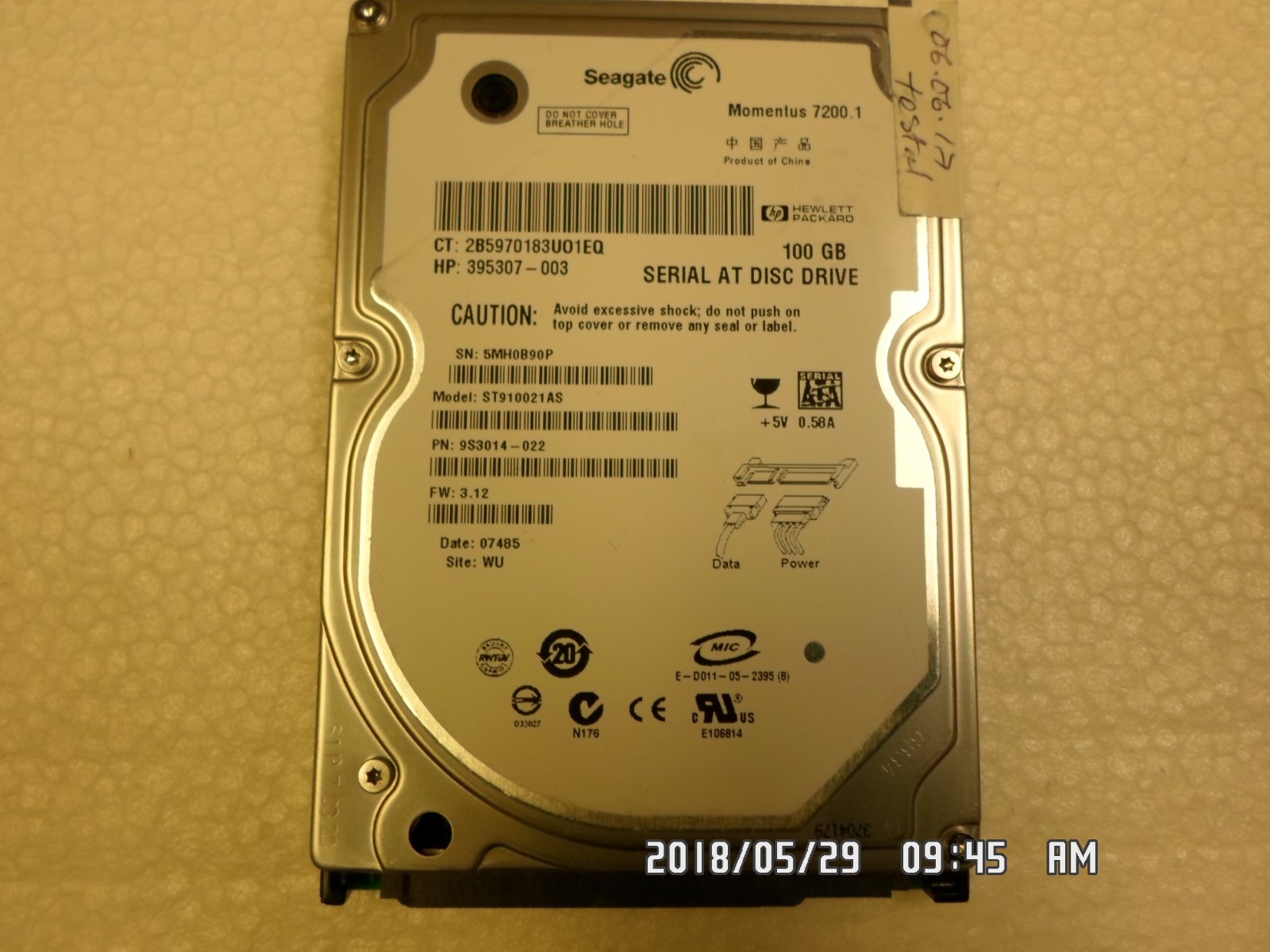 SEAGATE ST910021AS, PN 9S3014-022,  395307-003 HARD DRIVE 100GB SATA 2.5 TESTED