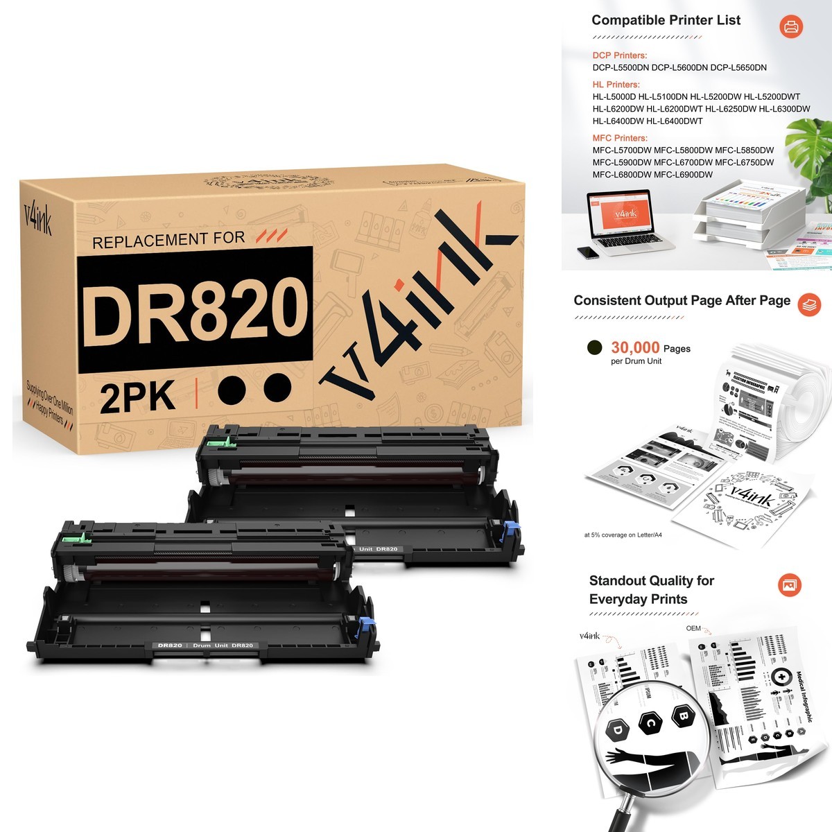 v4ink DR820 Compatible Drum Replacement Brother DR820 DR-820 Drum Unit Use