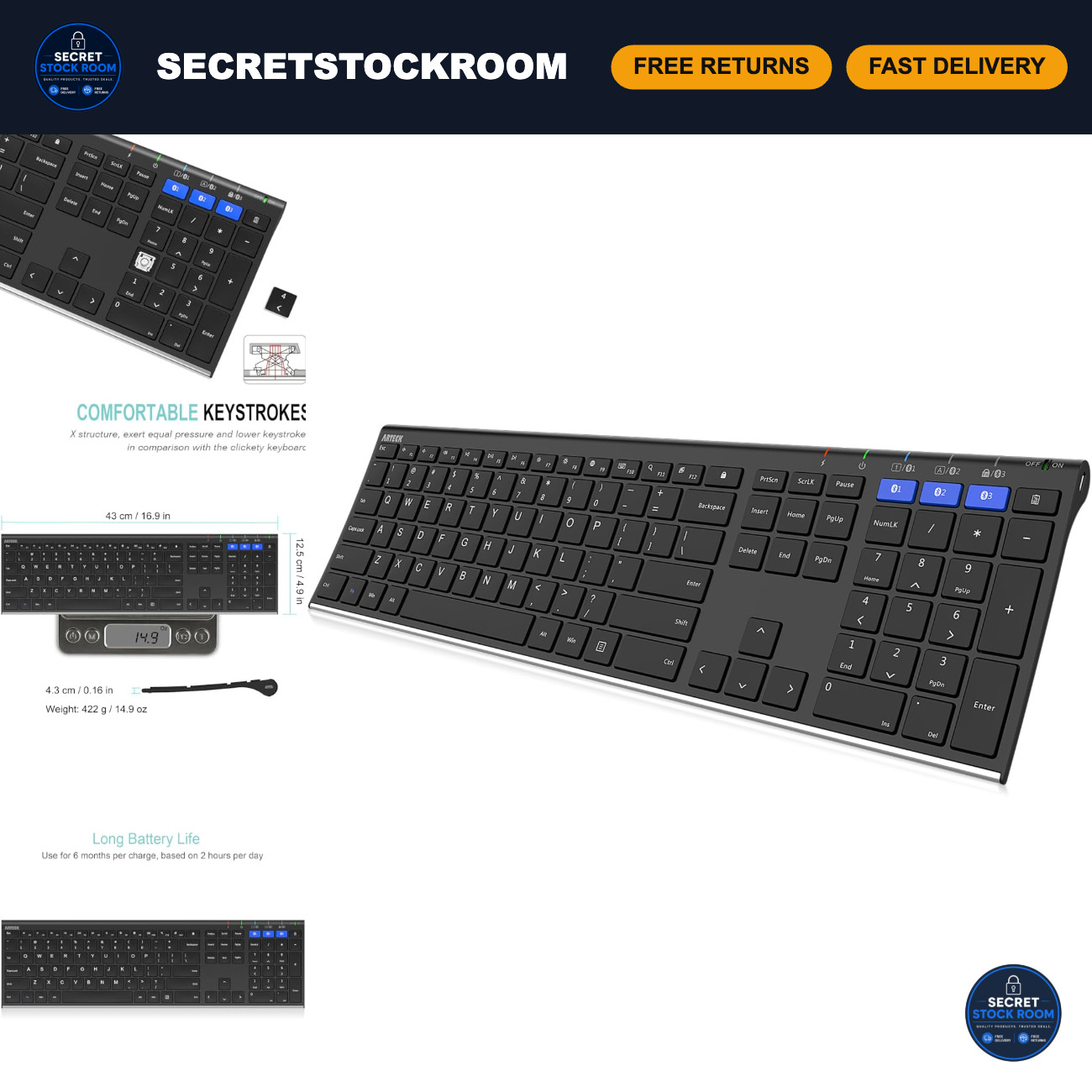 Universal Bluetooth Keyboard - Multi-Device Wireless, Full Size, Rechargeable fo