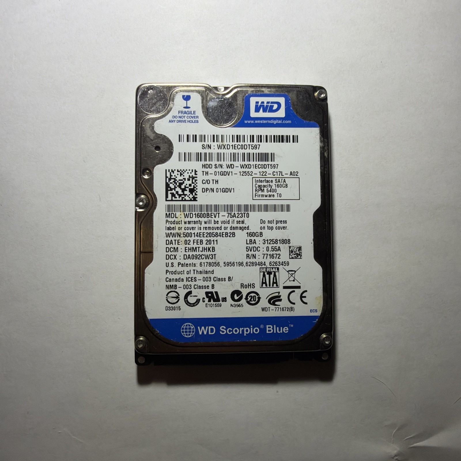 160GB 2.5" SATA WD WDC WD1600BEVT-75A23T0 WD-WXD1EC0DT597 | TESTED | GRADE A