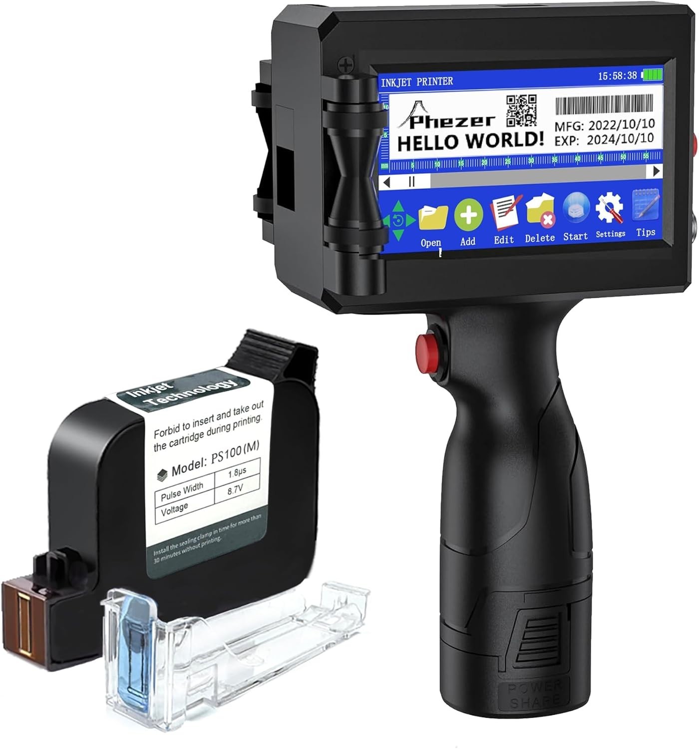 Phezer P15 Handheld Inkjet Printer for Any Surface Date Logo QR Code Barcode