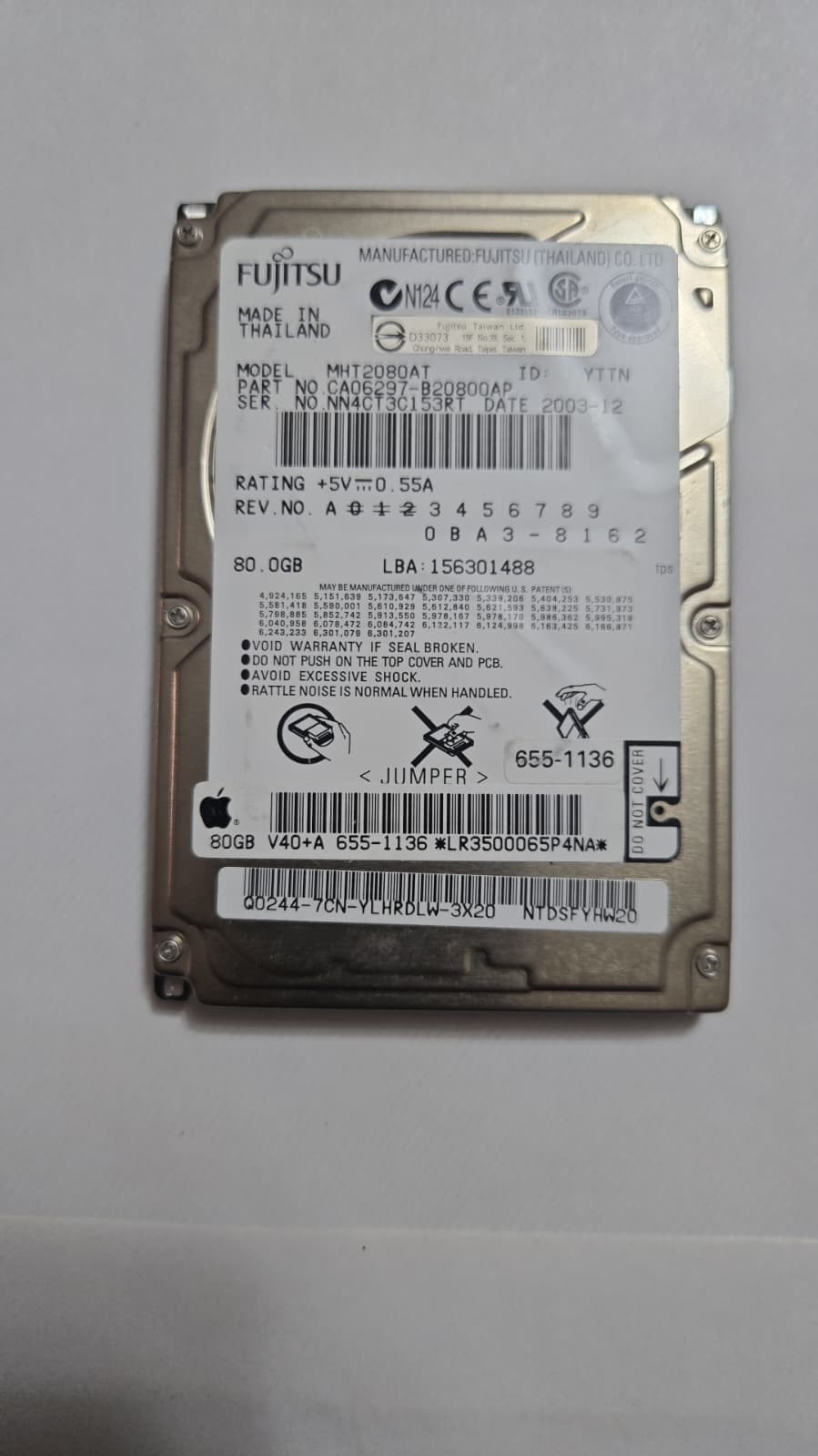 Fujitsu MHT2080AT PL , 2.5" HDD , 80 GB, 44-Pin IDE/PATA/ATAPI-6, WARRANTY USA