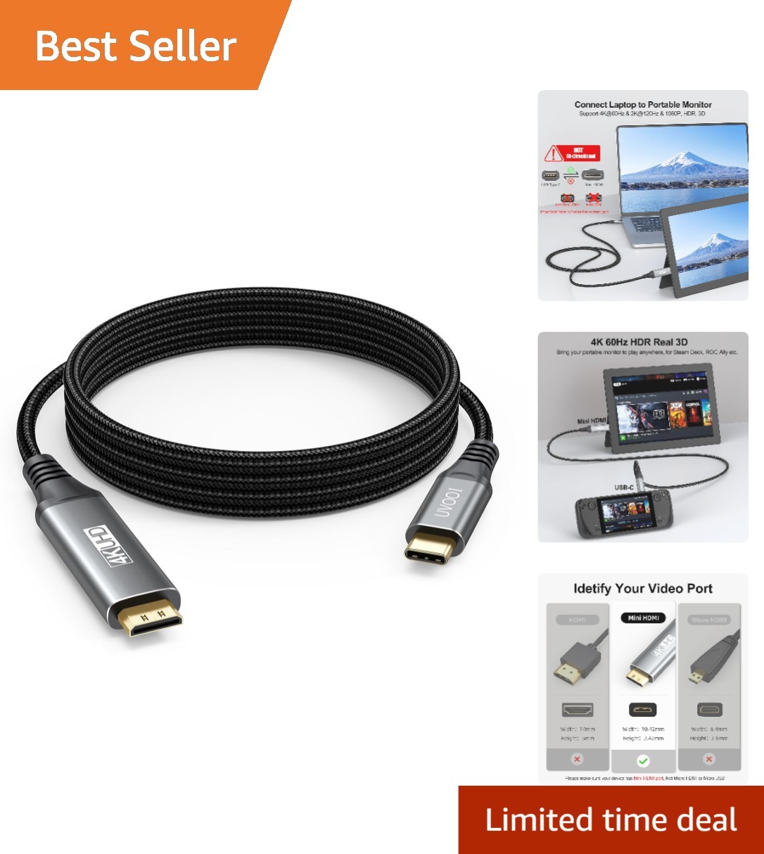 4FT USB Type-C to Mini HDMI Cable - Unidirectional High-Speed 4K Display