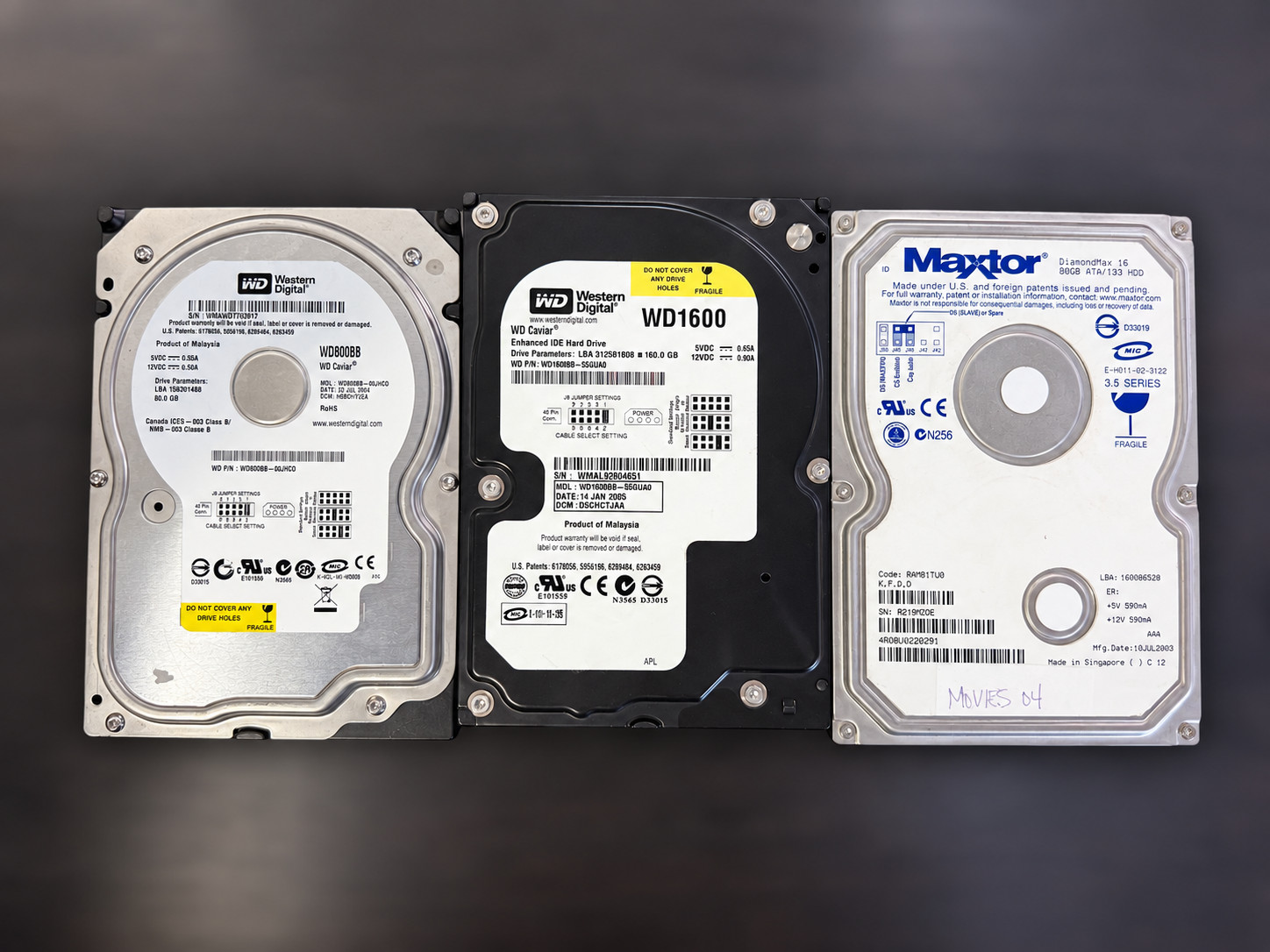 Lot 3x 3.5" IDE HDD 80GB+80GB+160GB WD Maxtor Surface Tested Wiped