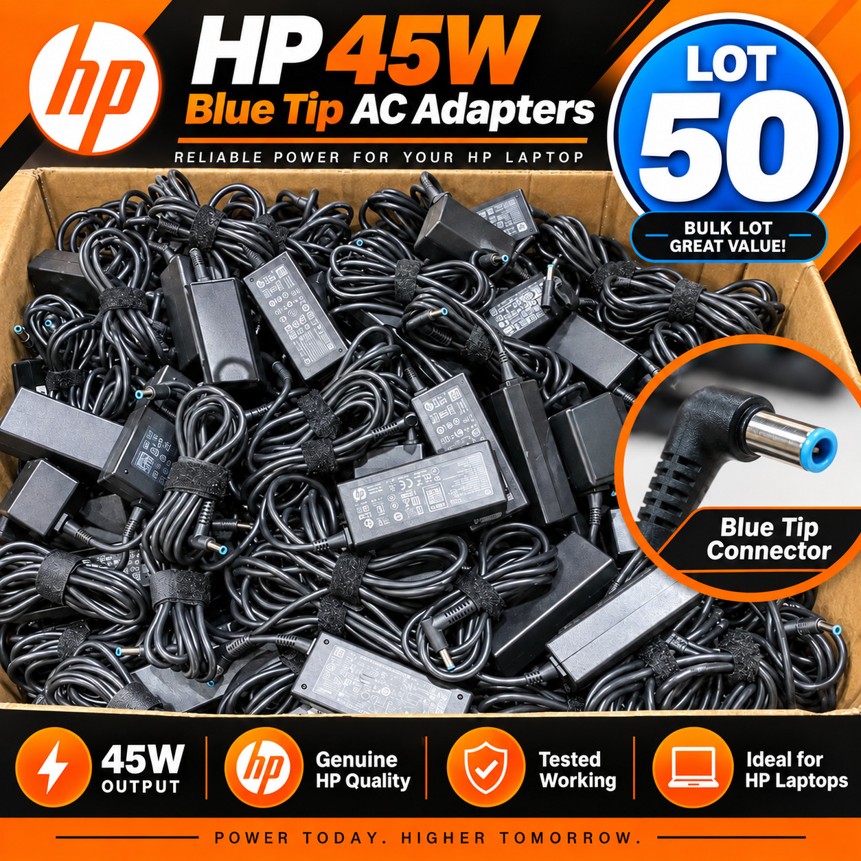 Lot of 50X HP 45W 19.5V HSTNN-DA40 AC Power Adapter blue tip With Power Cables