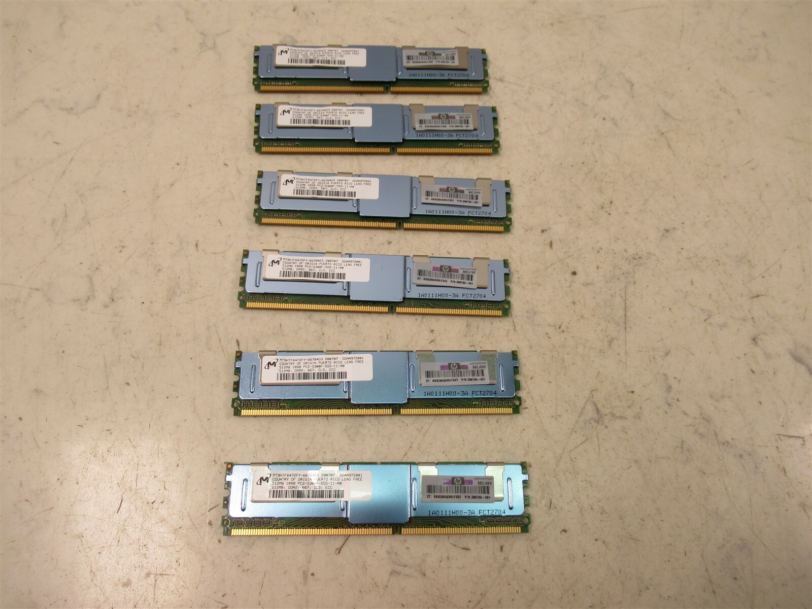 Lot of 6 HP RAM Modules 398705-051 512MB DDR2 667 CL5 SDRAM MT9HTG6472FY-667B4D3