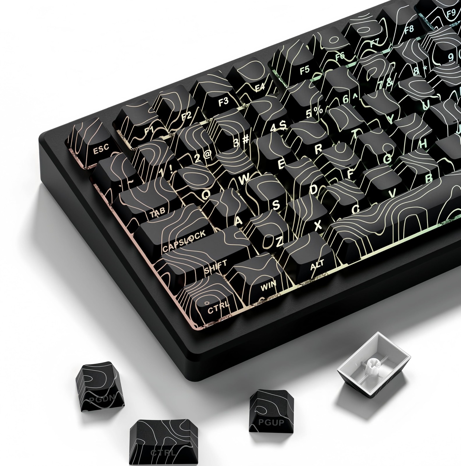 134 PCS Double Shot PBT Keyboard Keycaps Black Topographic Shine Through TKL