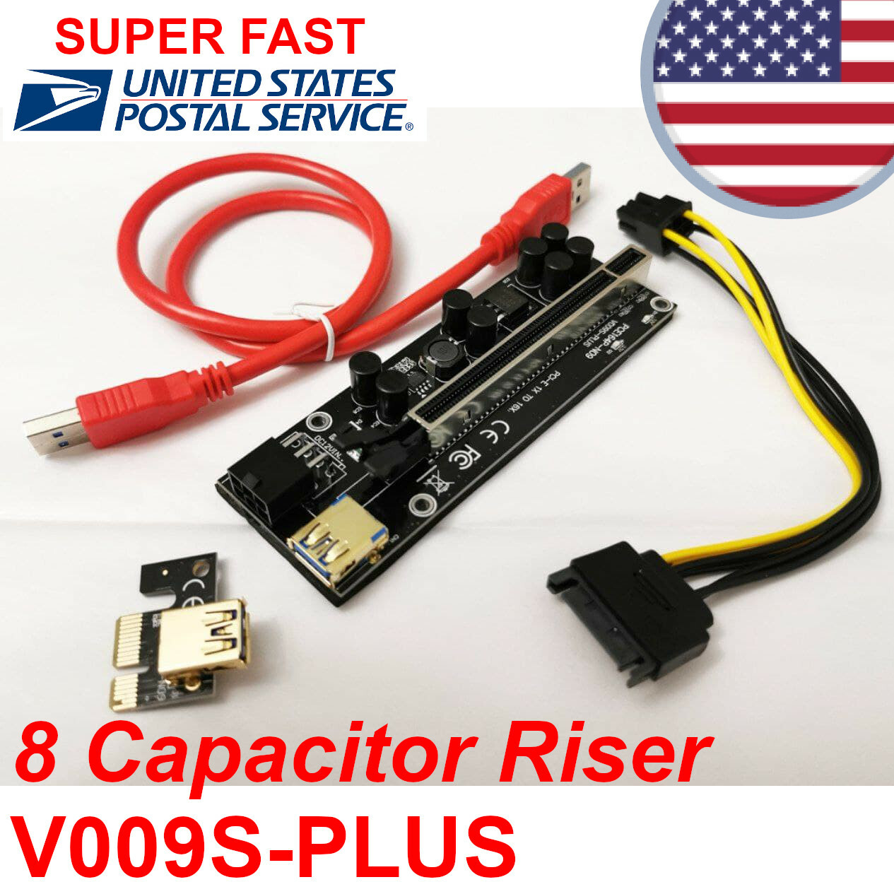 GPU 8 capacitor Riser V009S PLUS 6-pin PCE164p-N09 PCI-E 1X TO 16X ADAPTER Miner