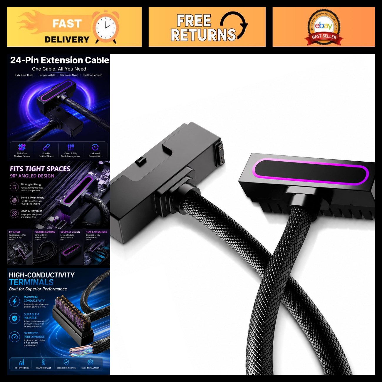 24Pin ARGB LED PC Cable Extension, 90° Right-Angle Power Cable, 30CM Copper Wire