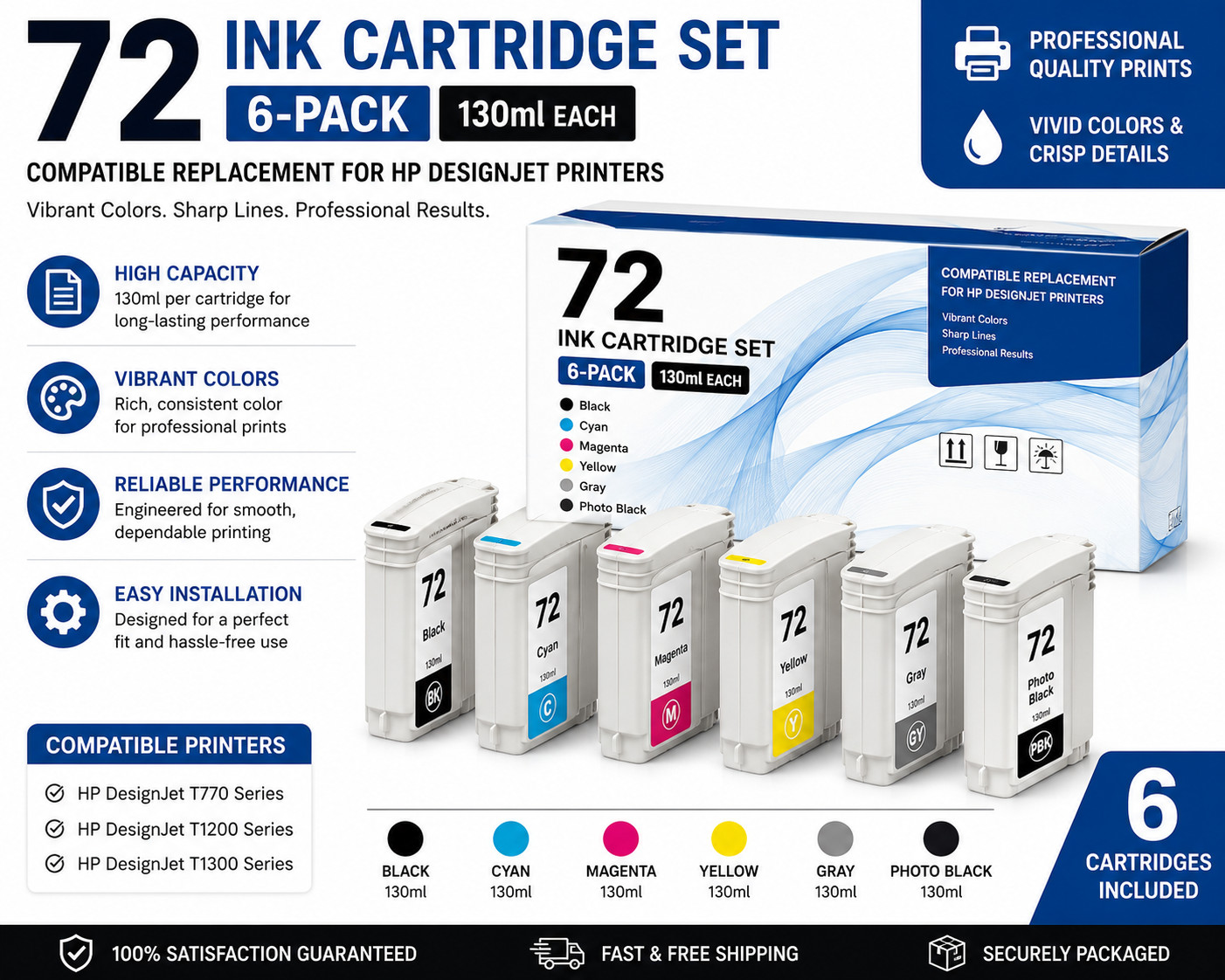 Ink Cartridge Set 6-Pack 130ml for HP 72 DesignJet T770 T1200 T1300
