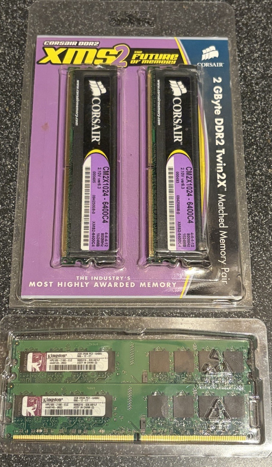 Lot of 2 DDR2 RAM Kits Corsair XMS2 & Kingston 4GB (2x2GB) PC2-6400