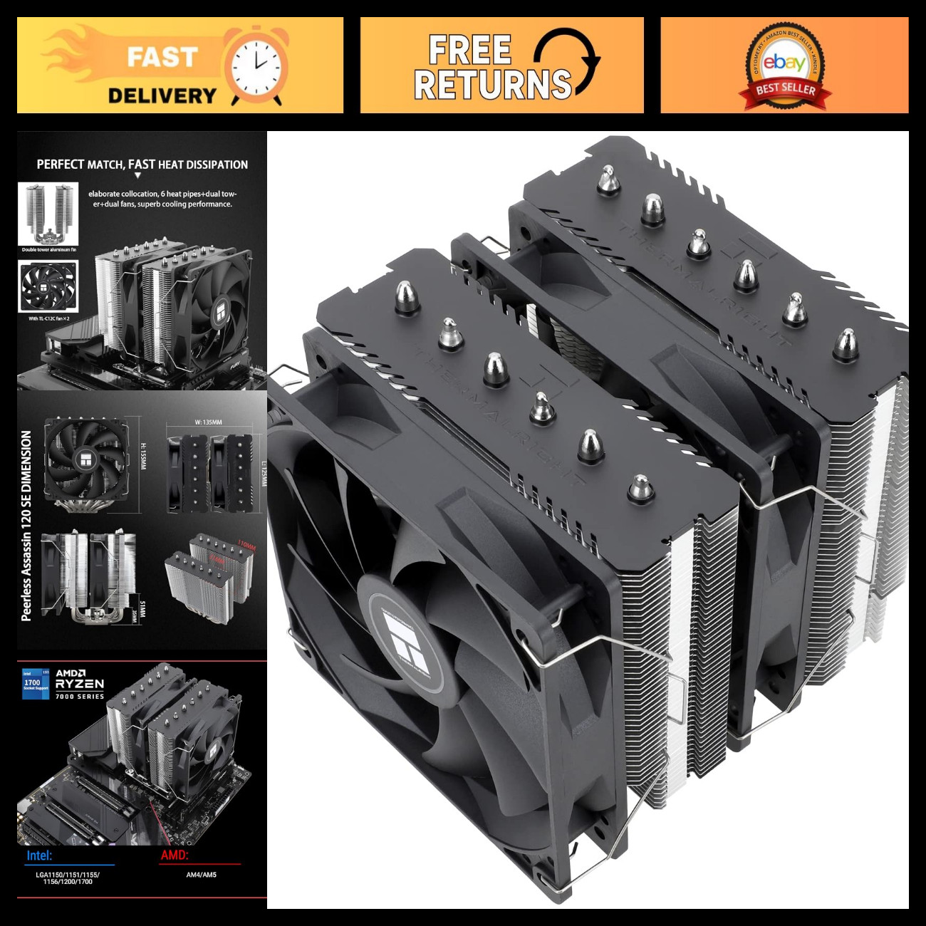 High-Performance CPU Air Cooler, 6 Heat Pipes, Dual 120mm Fans, AM4/AM5/LGA 1700