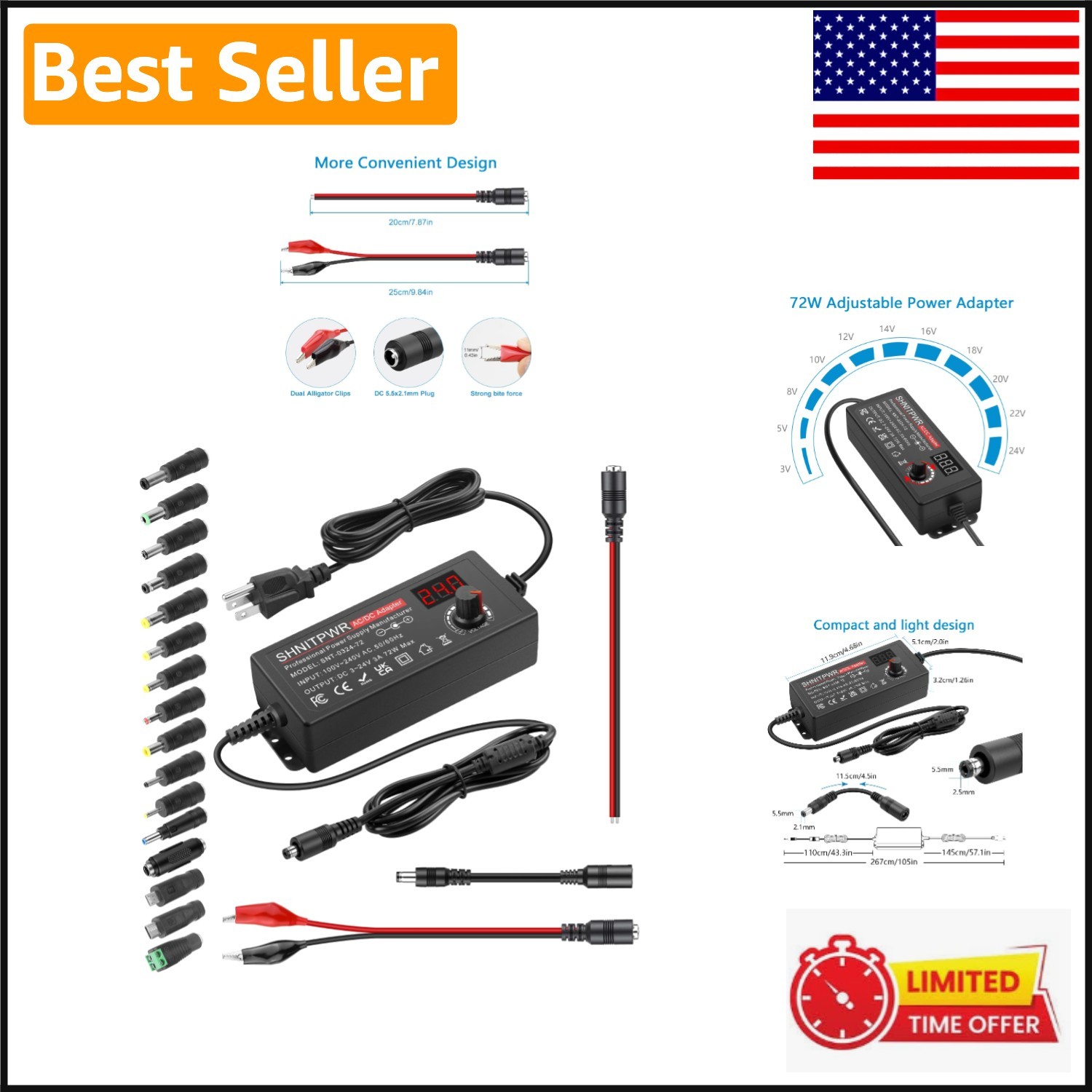 Universal AC/DC Adapter 3.5V-24V 3A - Safety Features & All Accessories Included