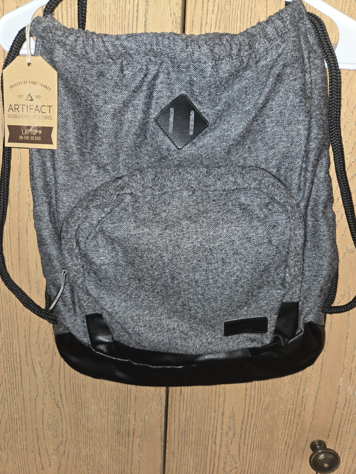 Artifact Laptop On-The-Go Bag Drawstring Backpack Felted Wool Vegan Leather Gray