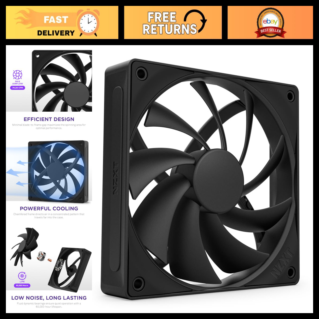 120mm Quiet Airflow PC Case Fan - High Performance Cooling, Low Noise, Black