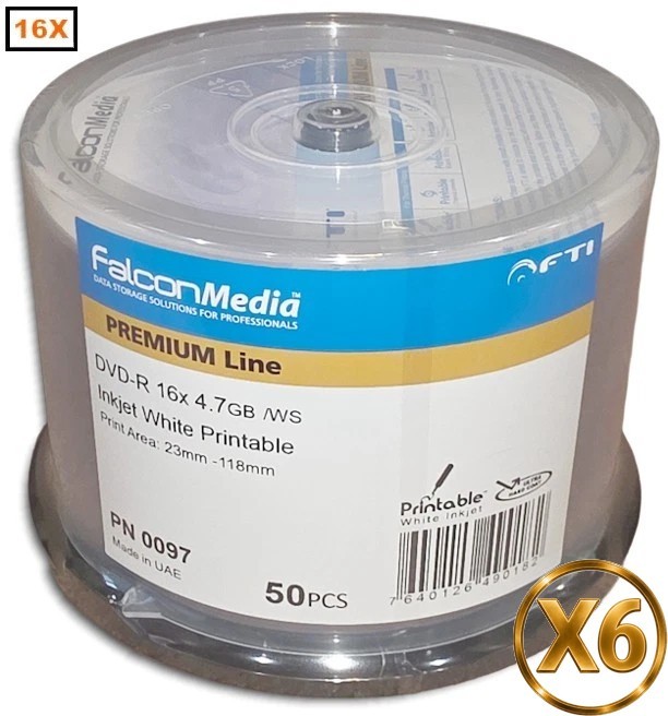 300-Pak FalconMedia 16X White Inkjet Hub DVD-R's with HARD COAT RECORD SURFACE