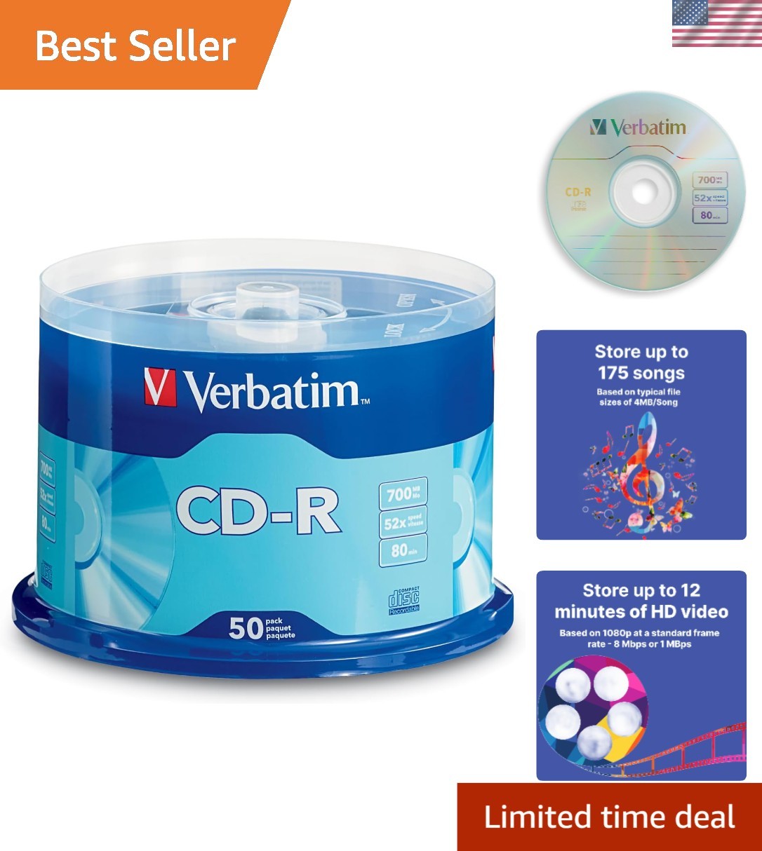 CD-R Blank Discs 700MB 80 Minutes 52x Recordable Disc for Data and Music - 50...