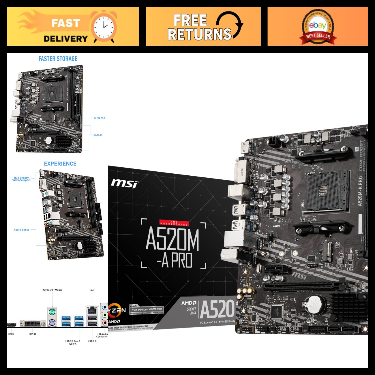 Gaming Motherboard AM4 for AMD Ryzen 5000, DDR4, PCIe 3.0, M.2, USB 3.2, Micro-A