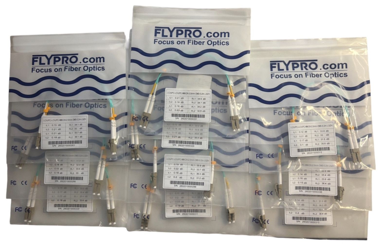 LOT OF 10~FIBER OPTICS FLYPRO.COM LC/UPC-LC/UPC-MM-DX-2.0MM-OM3-0.2m-LSZH