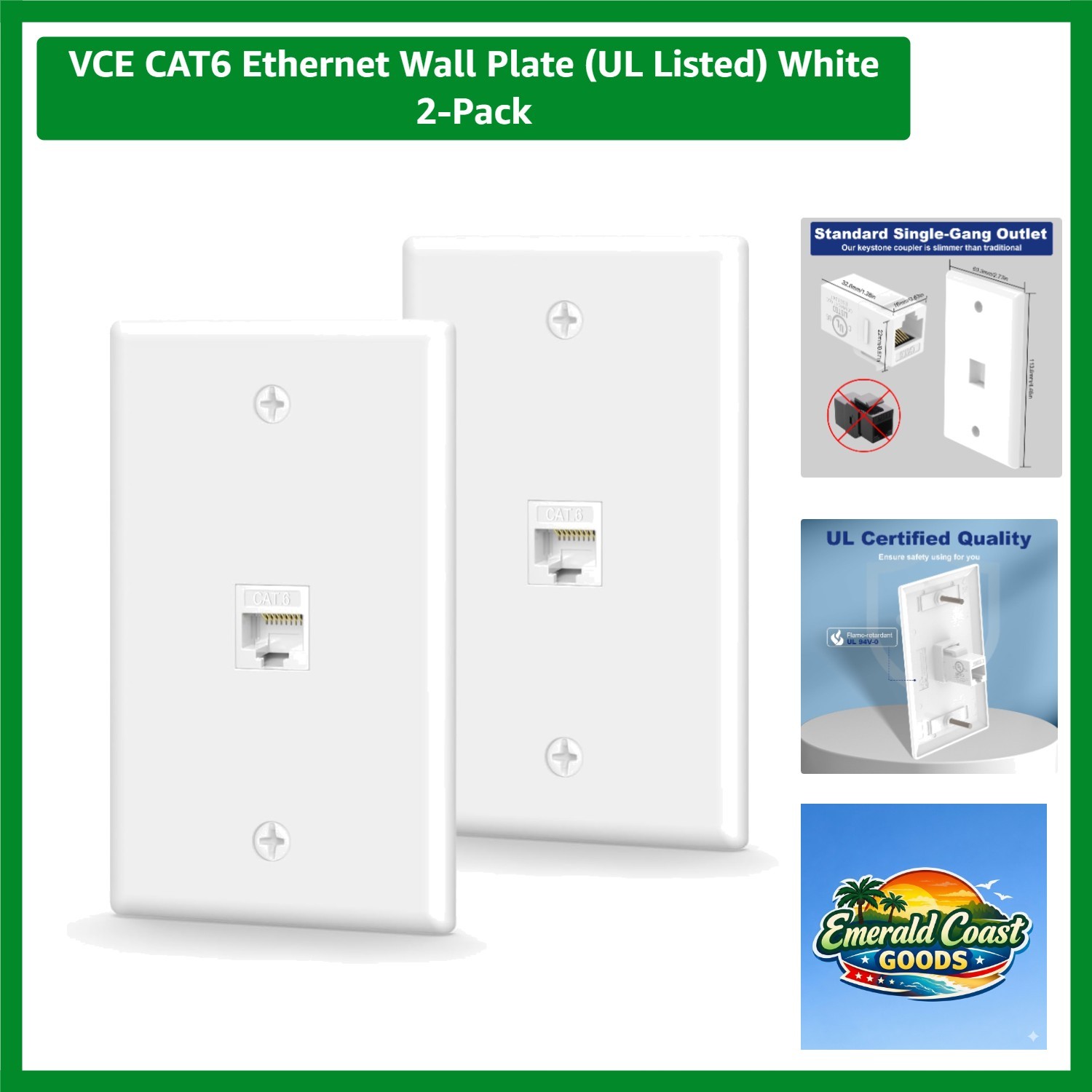 Ethernet Wall Plate  Listed White 2-Pack