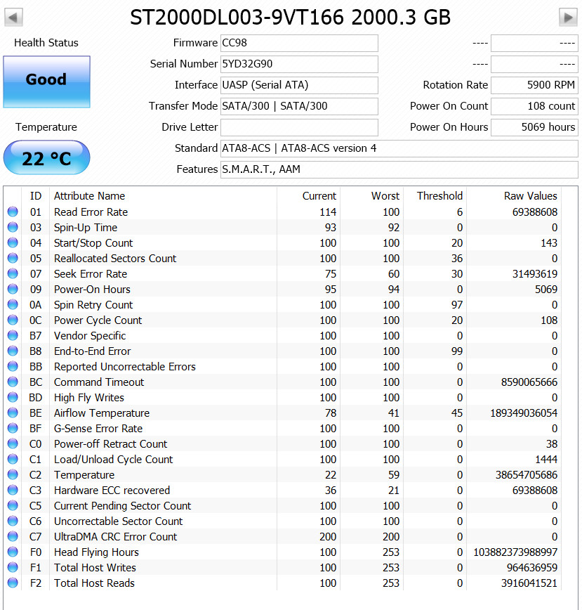 100% HEALTH SEAGATE Barracude Green HDD ST2000DL003  2TB SATA 6GB/s 5900 RPM 3.5