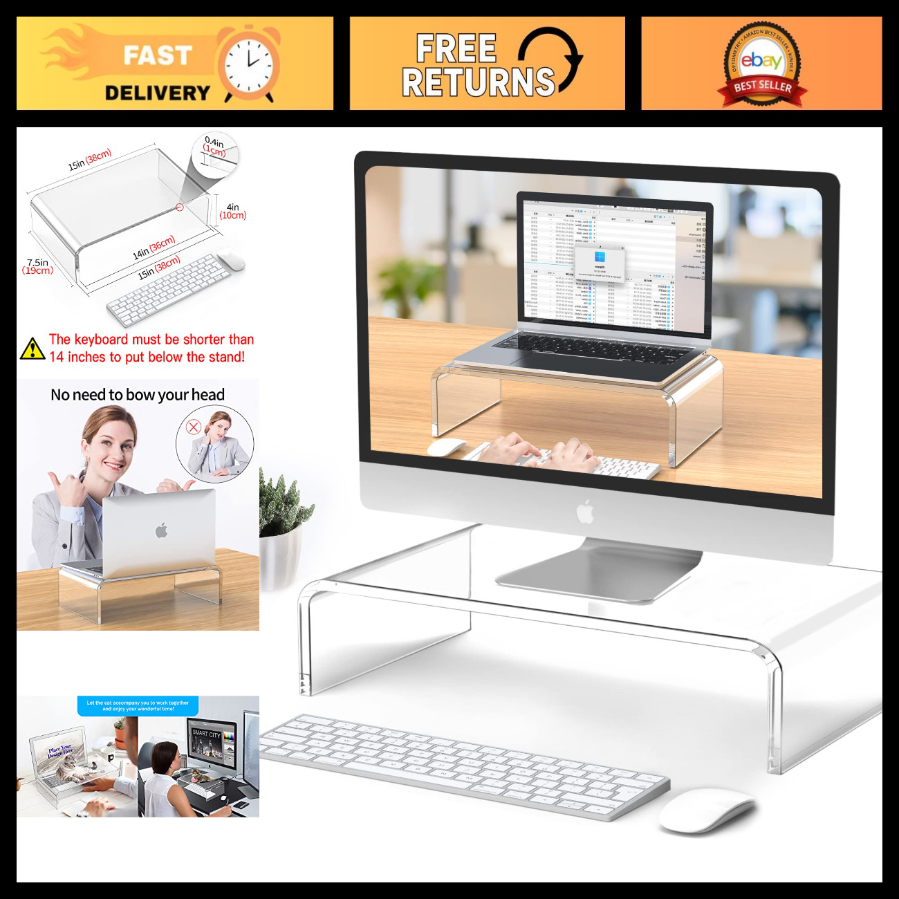 Clear Acrylic Monitor Stand Riser for Laptop & Computer - L15"xW7.5"xH4