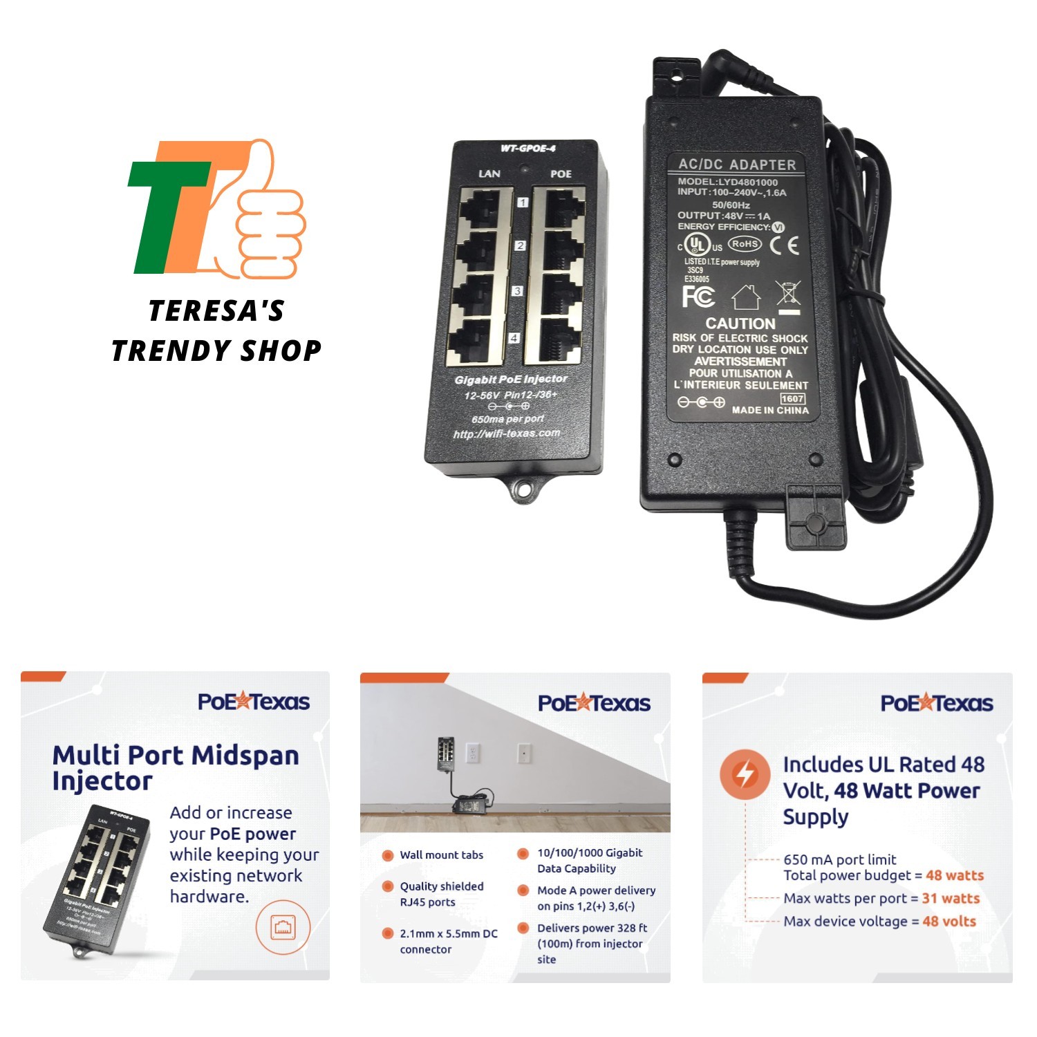 Gigabit 4-Port Passive PoE Injector with 48W Power Supply - Fast and Efficient