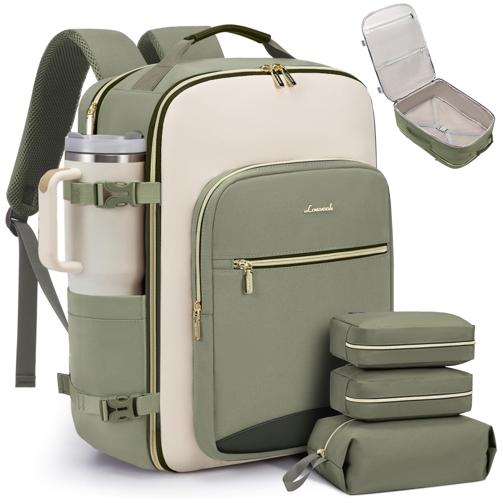 40L Travel Backpack Carry On Luggage for Women Men 3 Packing Cubes 17" Laptop