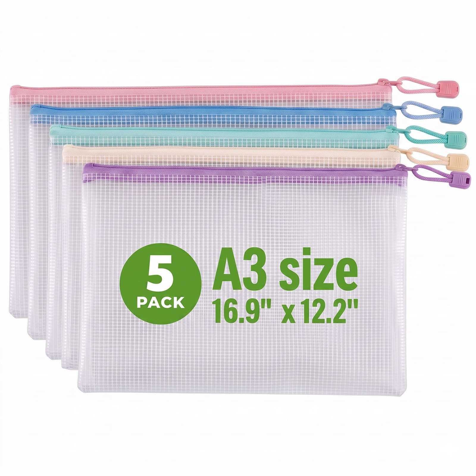 Mesh Zipper Pouch Bags Waterproof 16.9 x 12.2 5 Pack Colorful LLE-001 Aonweid