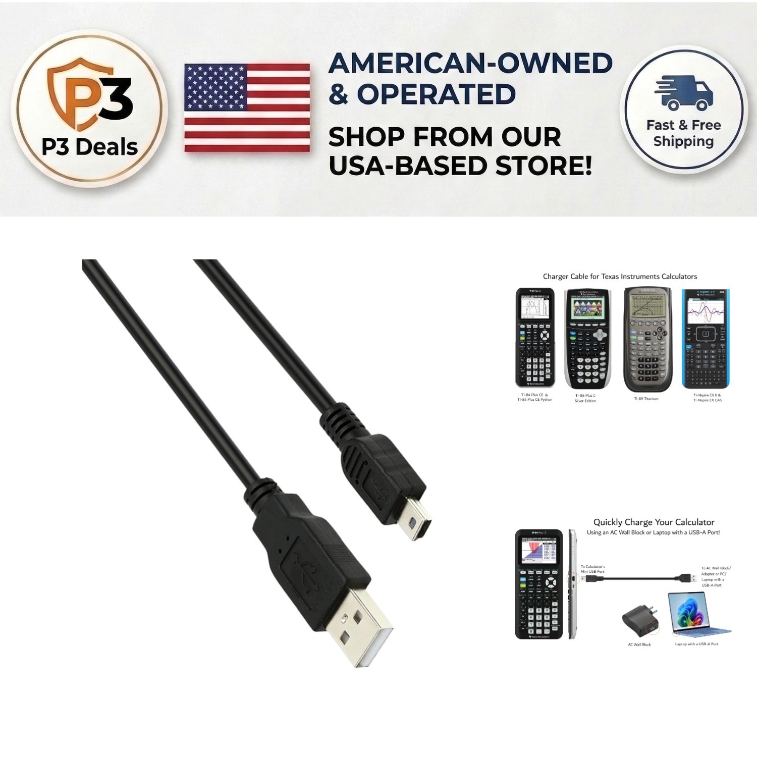 Efficient USB Charging Cable for TI-89 & Nspire CX Graphing Calculators