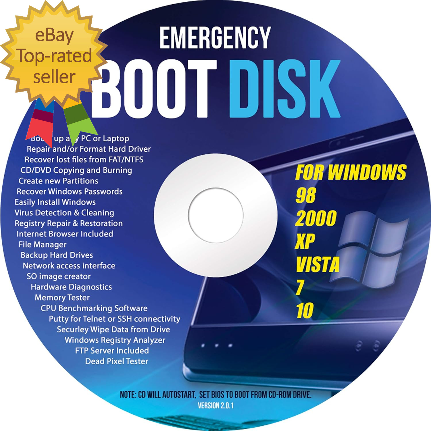 Windows Emergency Boot Disk - for Windows 98 2000 XP Vista 7 10 PC Repair DVD
