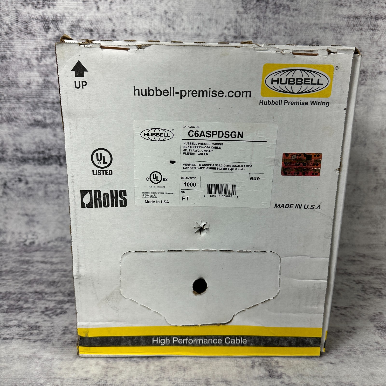 New Hubbell C6ASPDSGN NextSpeed Cat6A Plenum Cable 1000ft Green 23AWG CMP-LP