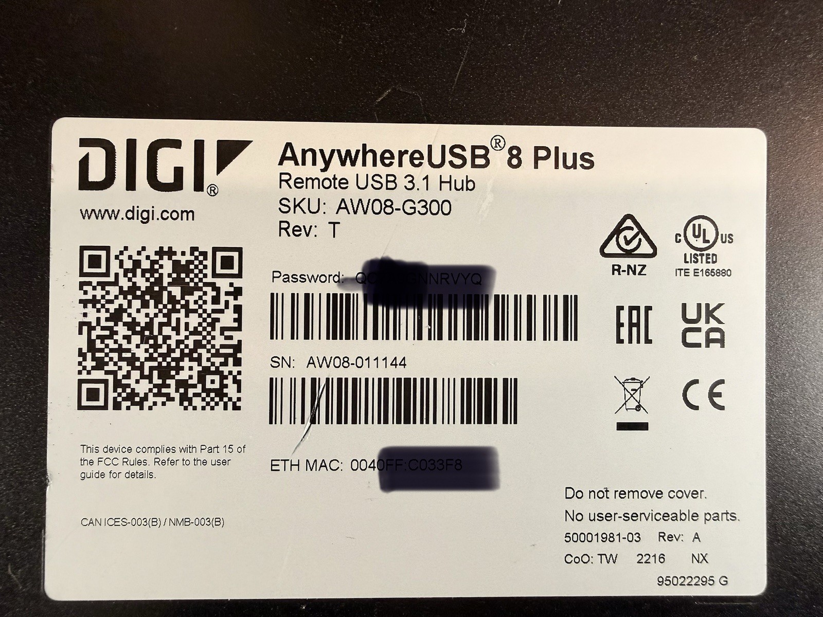 Digi AnywhereUSB® 8 Plus AW08-G300 Remote USB 3.1 Hub 8-Port SFP+