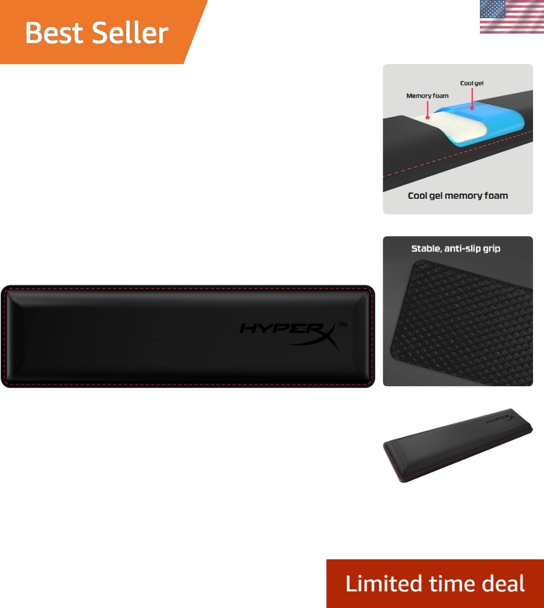 Black Cooling Gel Wrist Rest - Durable Memory Foam & Anti-Slip Base for Comfort