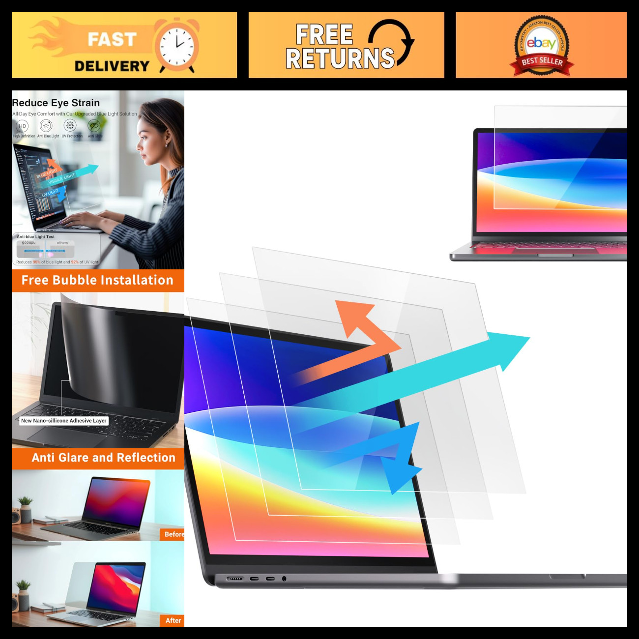 2Pcs 14" Anti-Glare Laptop Screen Protector, Blue Light Filter, Touchscreen Safe