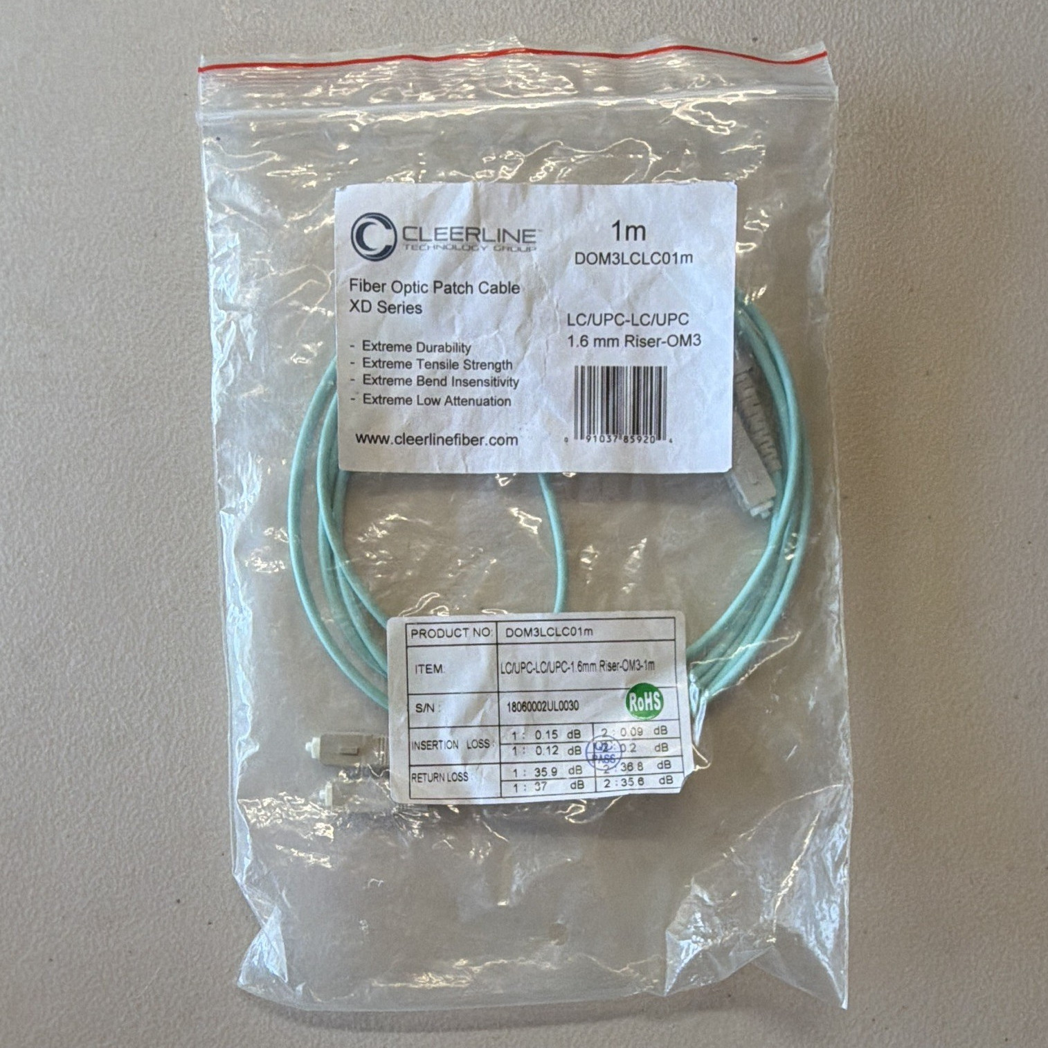 Cleerline DOM3LCLC01m OM3 Duplex LC/UPC to LC/UPC Fiber Patch Cable 1m Aqua