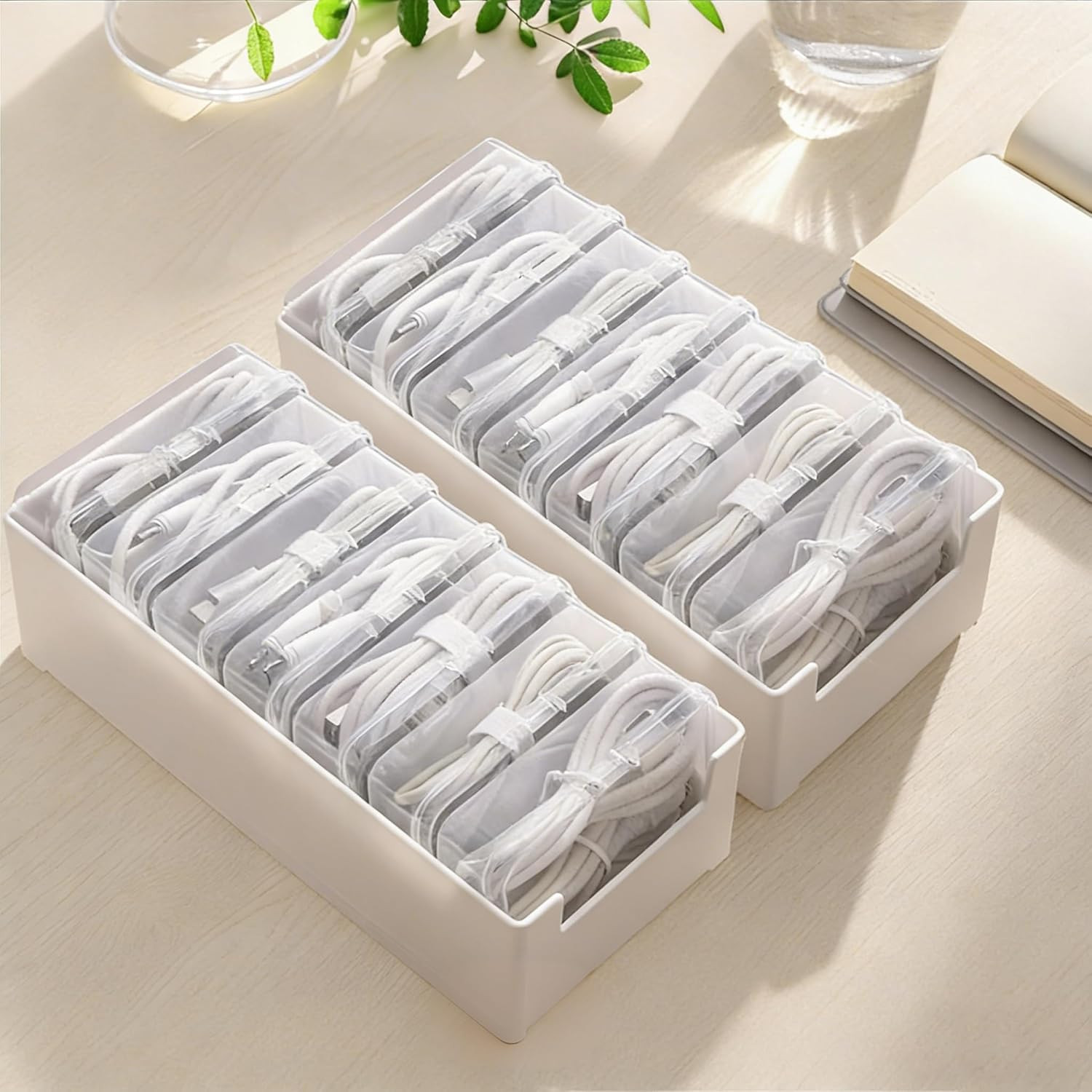 2 Pack Cable Organizer Box with 14 Clear Cases Desk Drawer Wire Storage