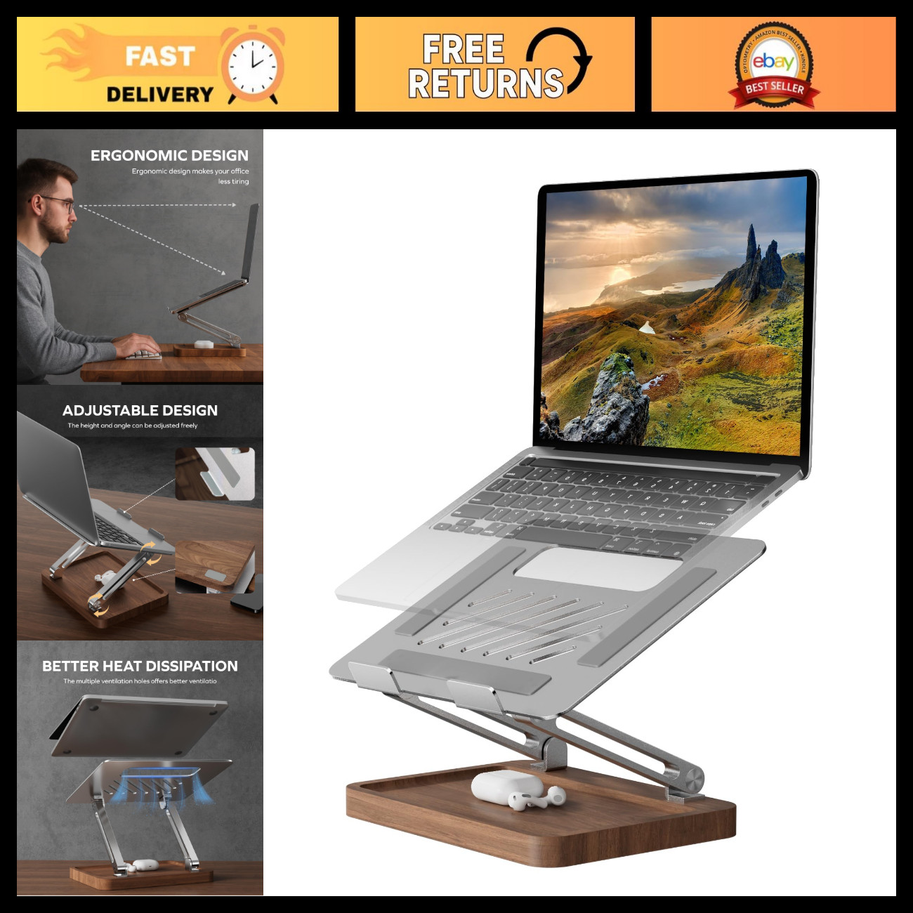 Adjustable Wood Laptop Stand for Desk - Walnut Riser with Storage Base, Ergonomi