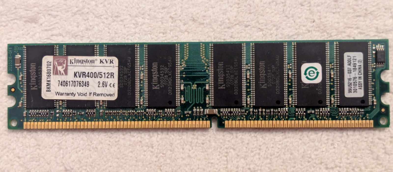 Kingston PC3200 (DDR-400) 512 MB DIMM 400 MHz PC-3200 DDR Memory (KVR400/512R)