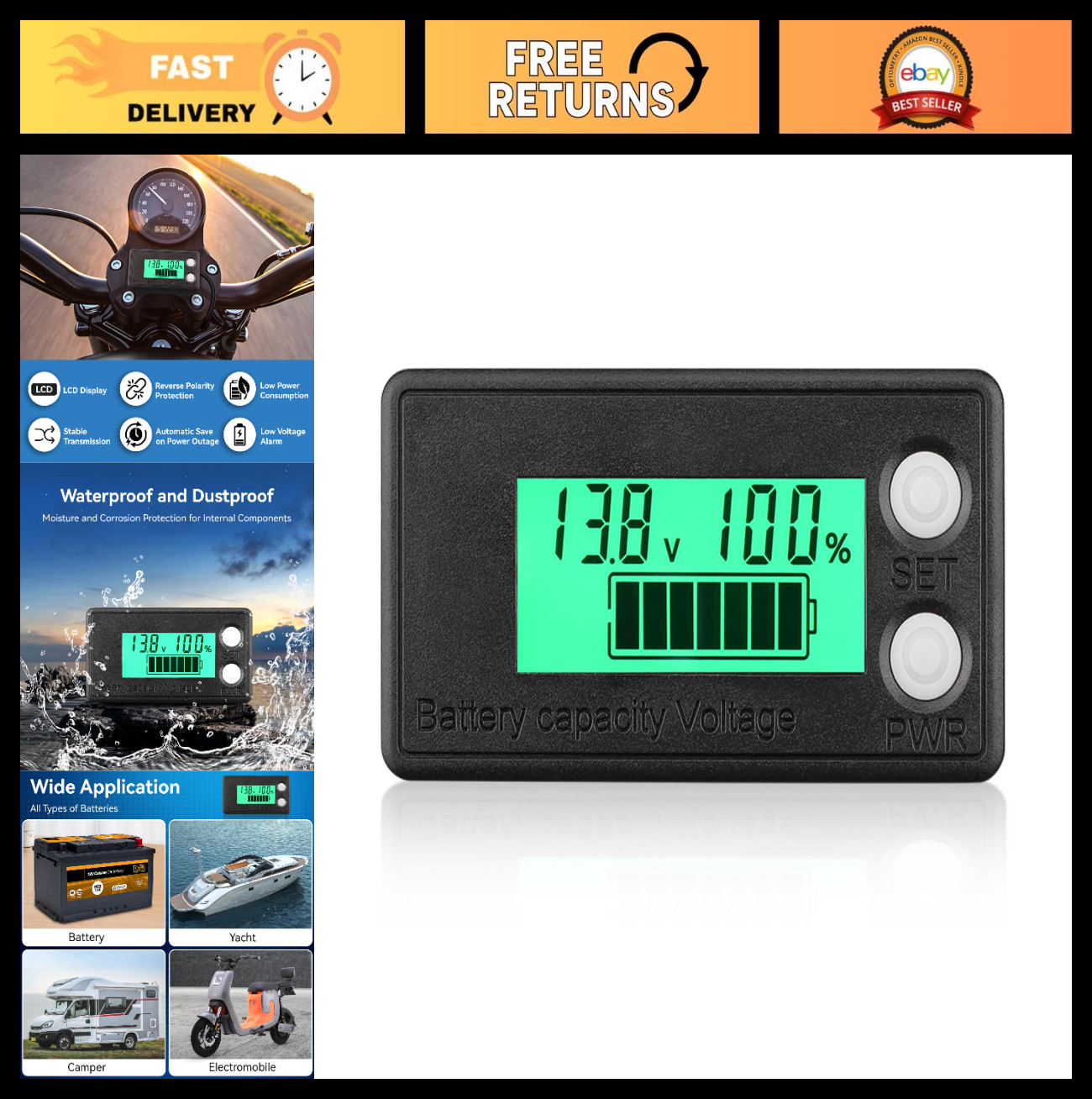 Waterproof Battery Monitor 12V-72V, LCD Capacity Tester for Car, RV, Golf Cart,