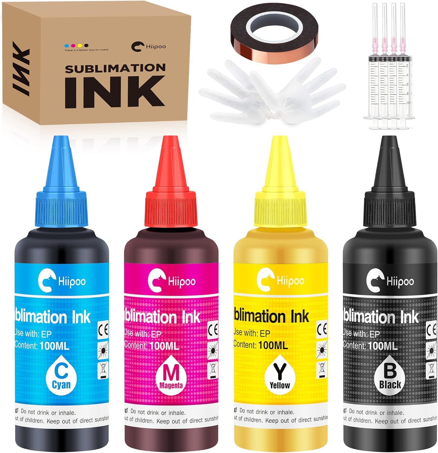 Hiipoo Sublimation Ink 4 Pack B C M Y for Epson Printers DIY Transfer Printing