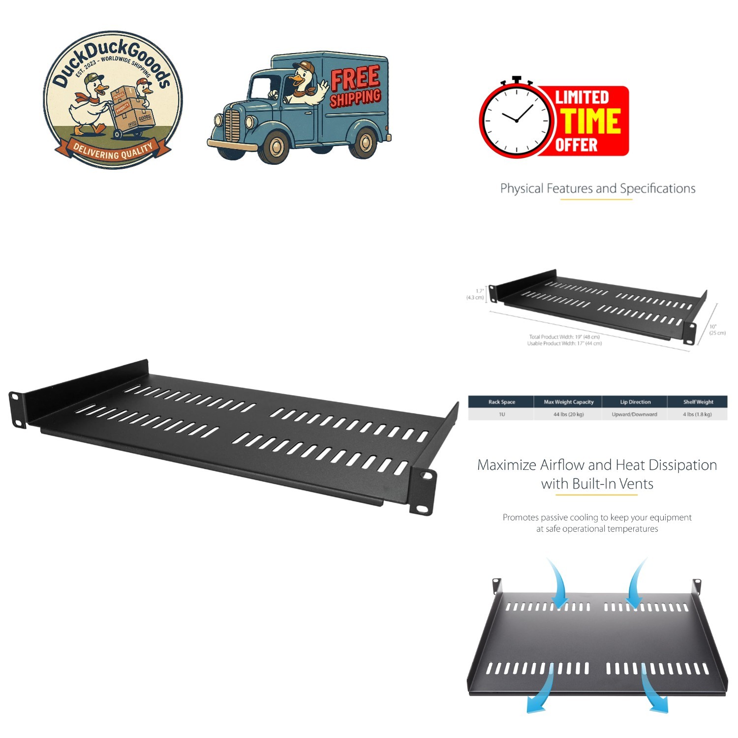Compact 1U Server Rack Mount Shelf - Vented Design, 44lbs Capacity, Alloy Steel