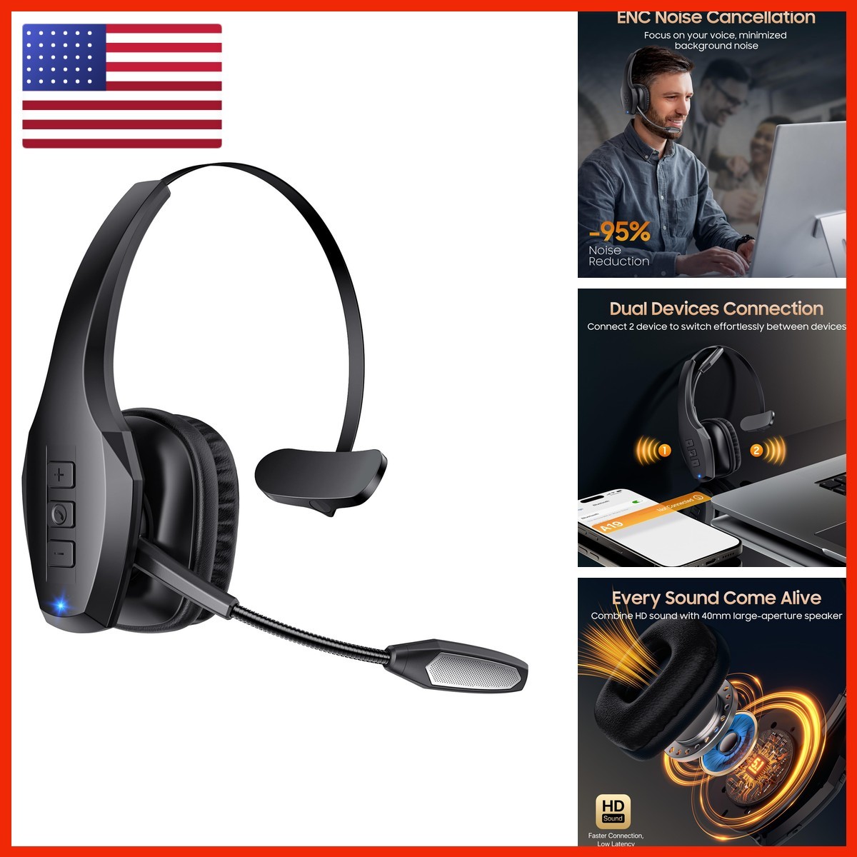 Necode A19 Trucker Bluetooth Headset Dual Noise Cancelling Mic Mute Button 55Hrs