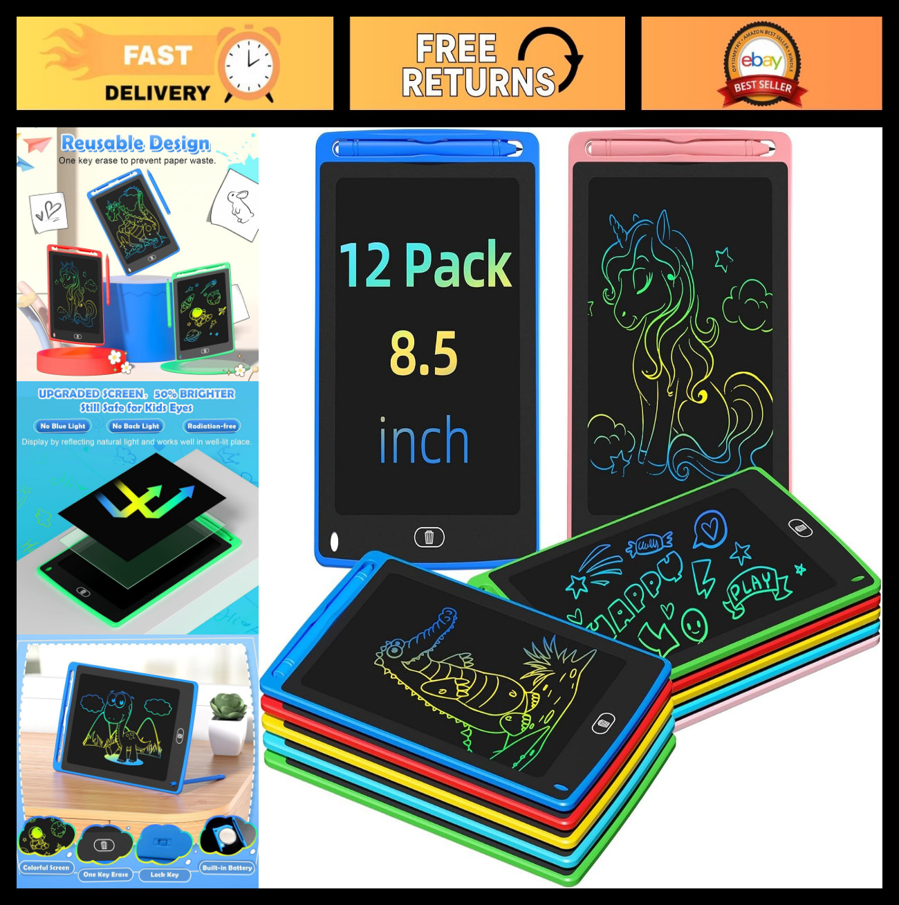 12 Pack LCD Writing Tablets - 8.5" Colorful Doodle Boards for Kids, Erasable Dra