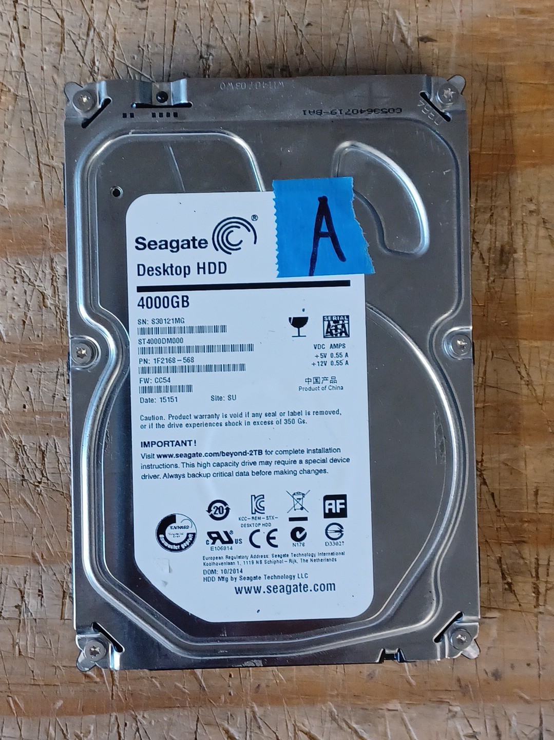 Seagate 3.5" ST4000DM000 4TB SATA III 6Gbps 1F2168-568 SN: S301C4QF