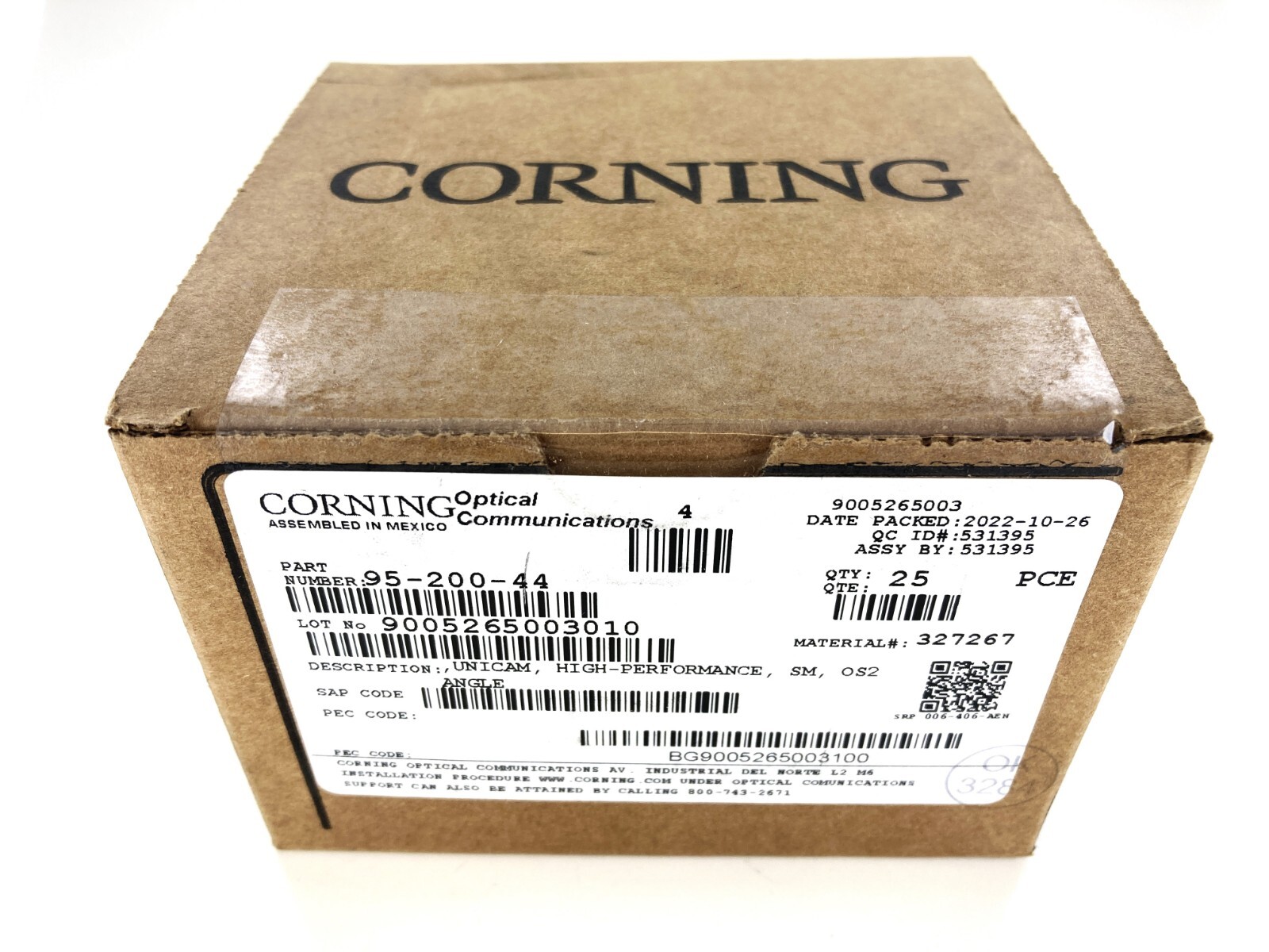 (BOX OF 25) Corning 95-200-44 Unicam Connector Pretium SC SM OS2 APC Polish, NEW