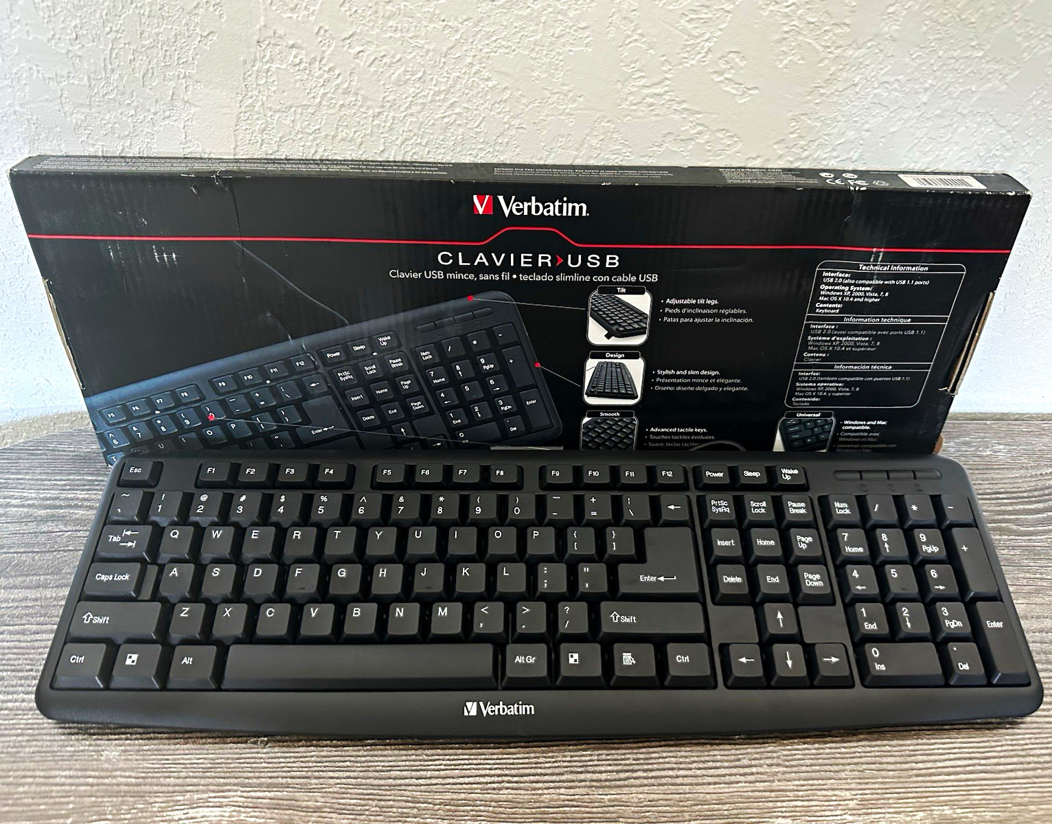 Verbatim 99701 Slimline Wired USB Keyboard Quiet Keys Plug & Play Black French