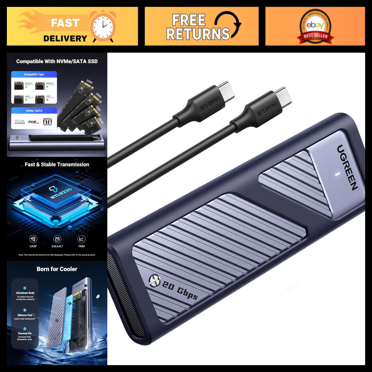 20Gbps M.2 NVMe SATA SSD Enclosure for M/B+M Key Drives - High-Speed Storage Cas