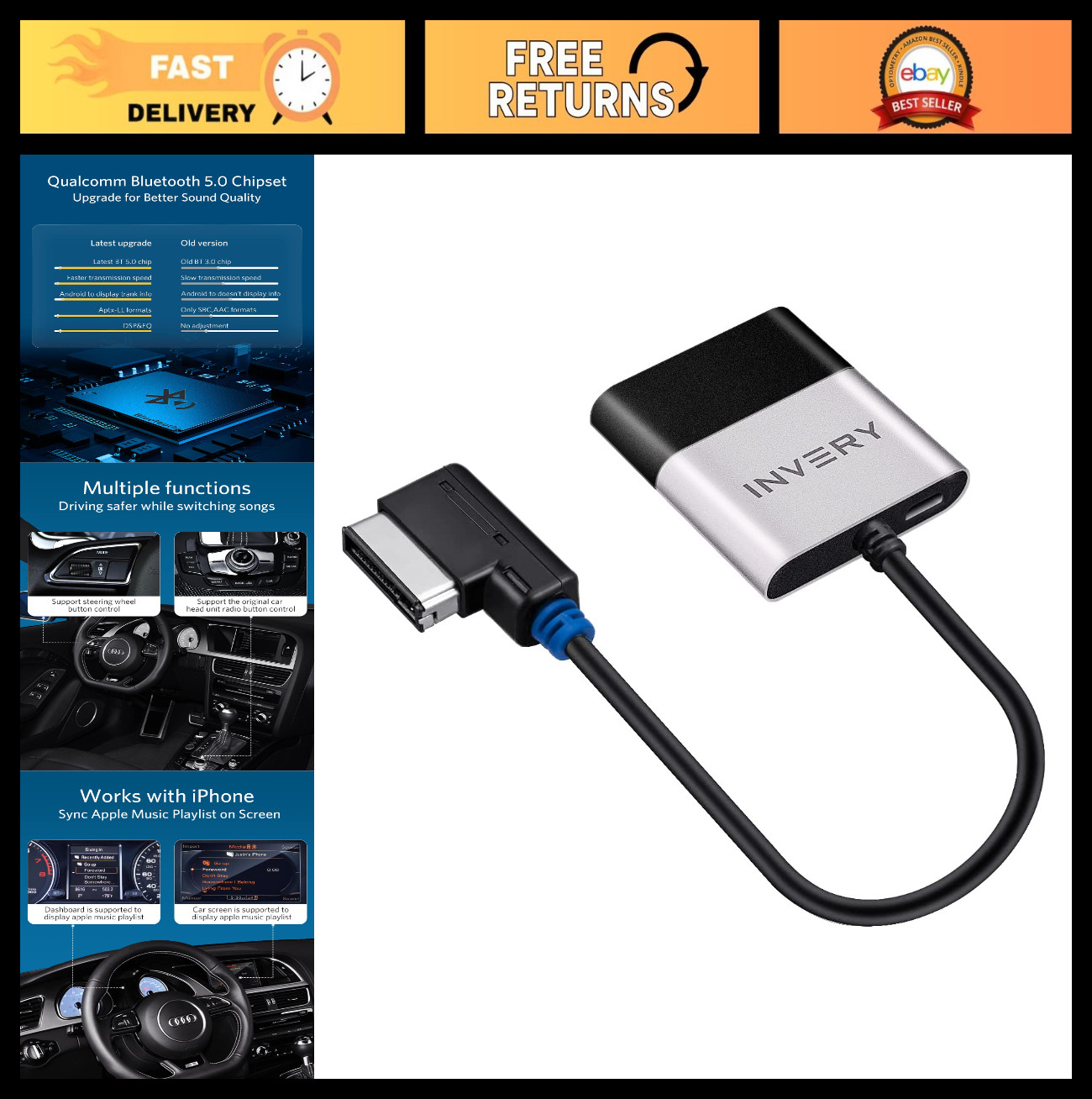 Bluetooth Audio Adapter Receiver for Audi MMI AMI, VW MDI, Mercedes - aptX Compa