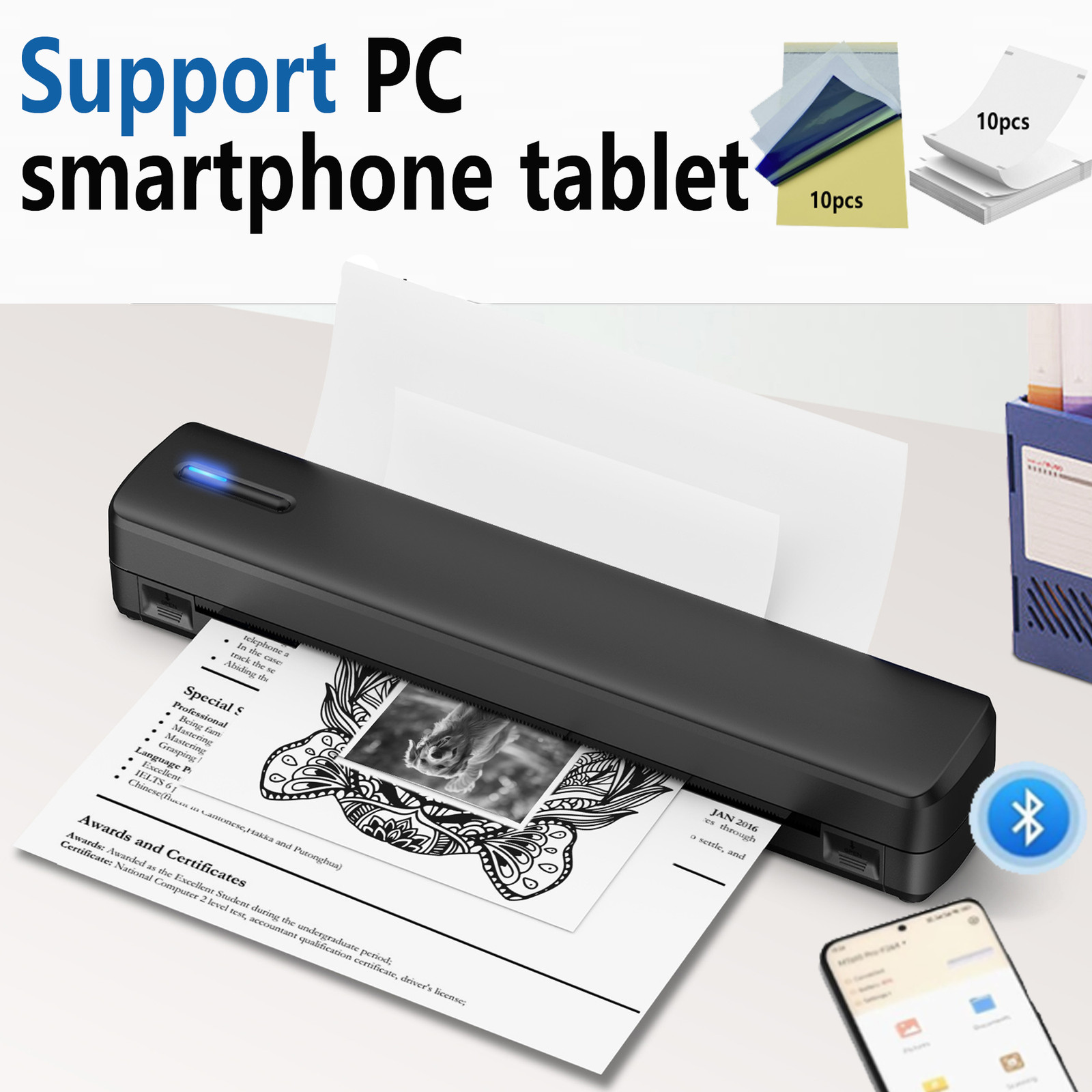 NEW！A4 Portable Wireless Inkless Thermal Printer Bluetooth Mobile Printer